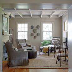 Cozy Neutral Transitional Living Room With Wood Ceiling
