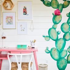 Eclectic Workspace Includes Gallery Wall, Watercolor Cactus