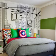 Multicolored Contemporary Boy's Bedroom With Mural