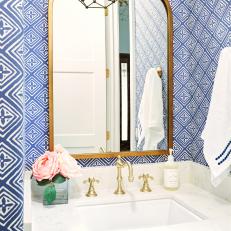 Blue and White Wallpapered Powder Room