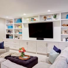 White Transitional Media Room With Blue Ottoman