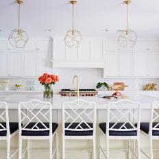 White Transitional Kitchen With Gold Pendants