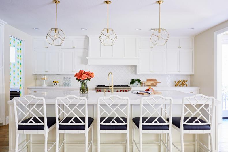 White Kitchen With Gold Pendants