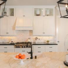 White Transitional Kitchen With Lantern Pendants