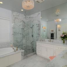 White Spa Bathroom With Marble Walk-In Shower