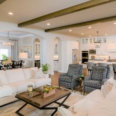 Transitional Living Room With Exposed Ceiling Beams