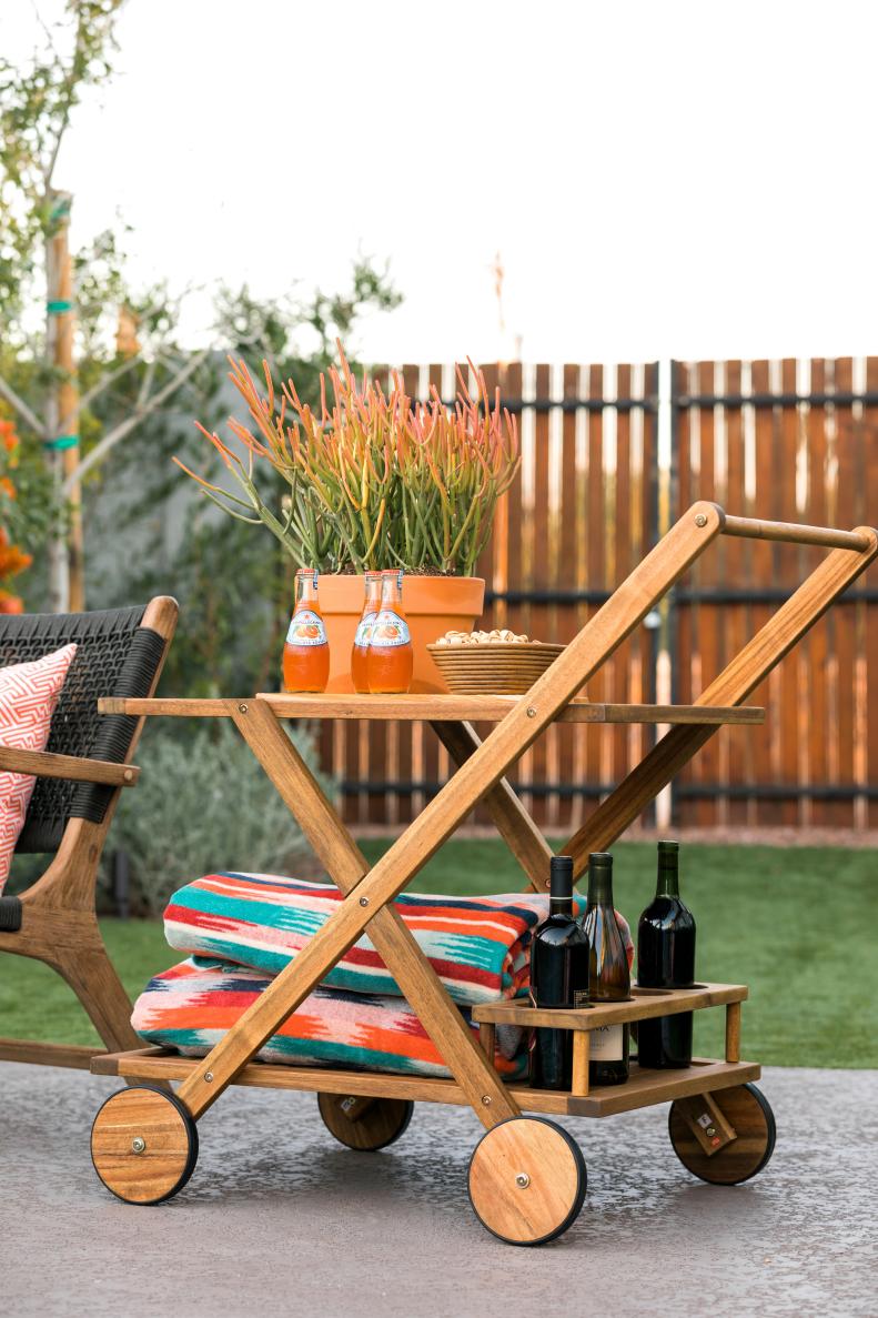 HGTV Spring House 2017: Wooden outdoor bar cart with towels and wine