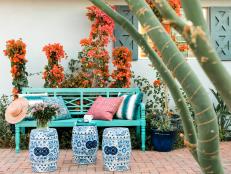 HGTV Spring House 2017: Aqua-Colored Patio Bench With Throw Pillows