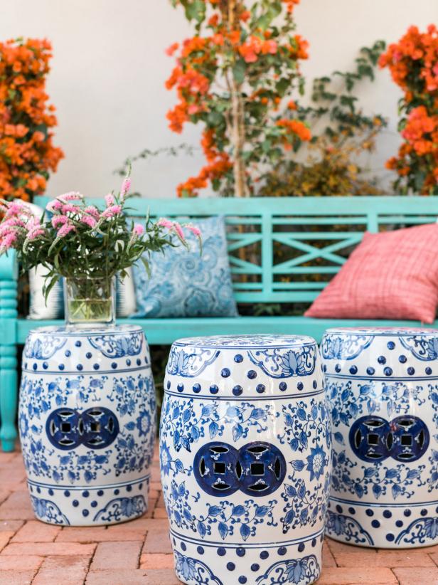 HGTV Spring House 2017: Blue and white chinoiserie garden stools