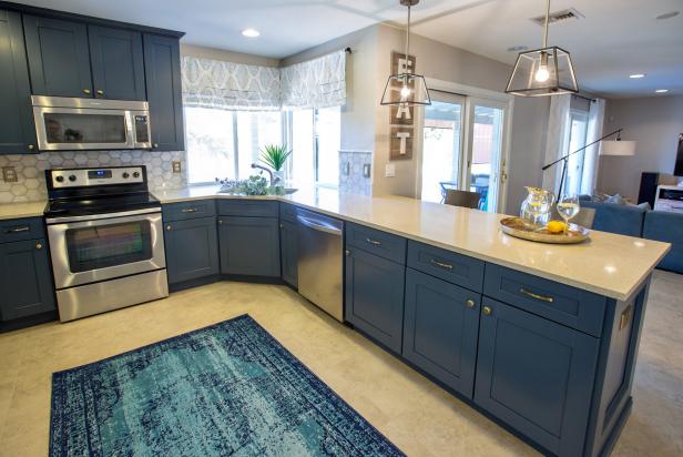 Blue Open Plan Kitchen With Rug | HGTV