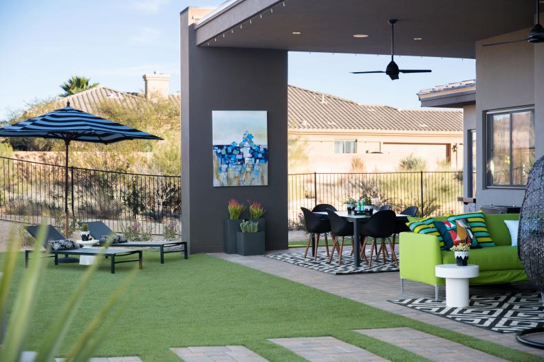Backyard patio palette with lime green, black, white and cool blue