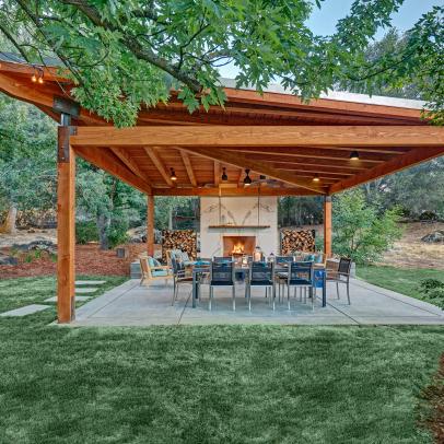 Outdoor Lounge With Diagonal Wooden Beam Structure