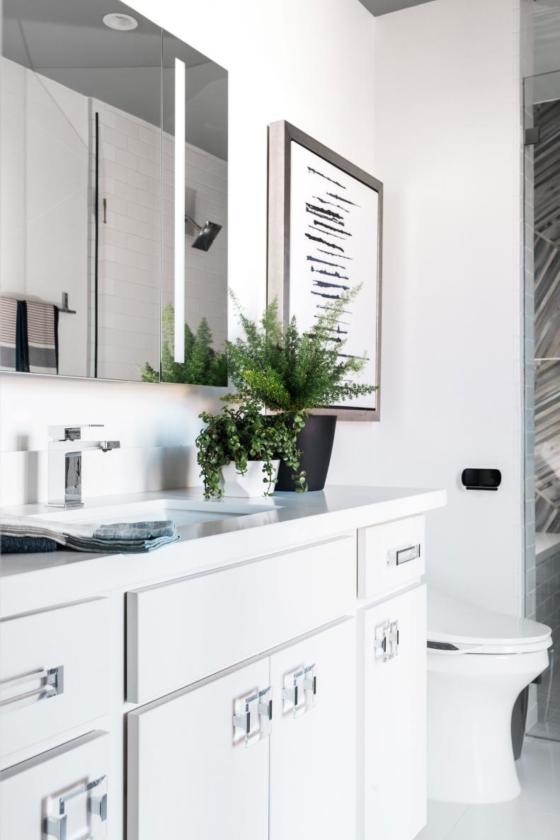 The terrace bathroom vanity features an abundance of counter space