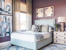 The color purple inspires the design in this trendy guest bedroom and bathroom, where comfort and style invite overnight visitors to unwind.