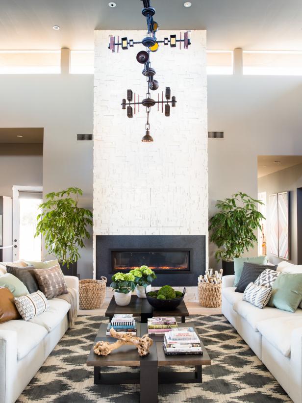A black-satin-tile gas fireplace is a focal point for the great room