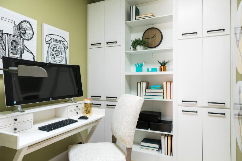 HGTV Smart Home 2017 Desk and Chair Next to Wall of Cabinets