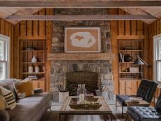Cottage Living Room With Knotty Pine Paneled Walls