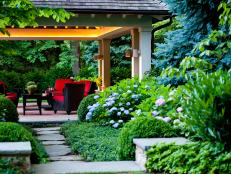 Transitional Patio With Pergola, Red Cushion Chairs