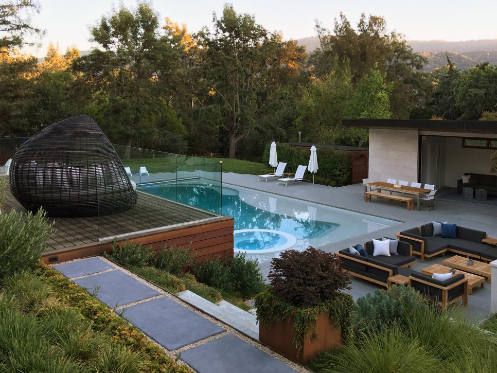 Contemporary Backyard With Pool, Terraced Daybed