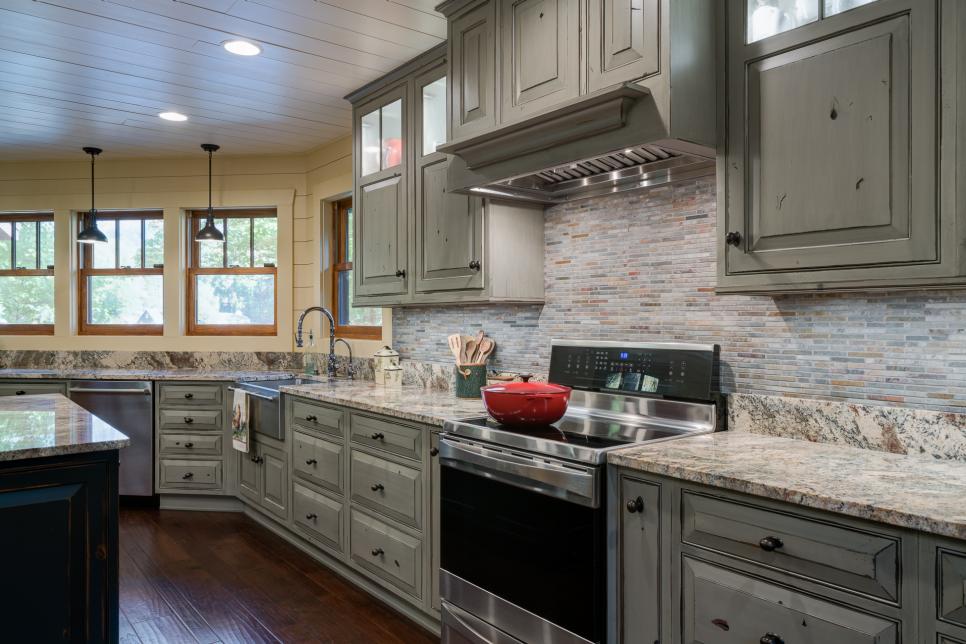 Country Kitchen With Distressed Green Cabinets