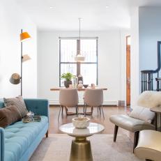 Midcentury Living Room With Blue Sofa