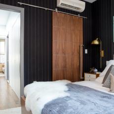 Gray Contemporary Master Bedroom With Barn Door