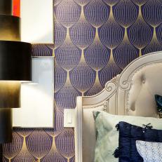 Eclectic Master Suite With Indigo Wallpaper, Bedside Table