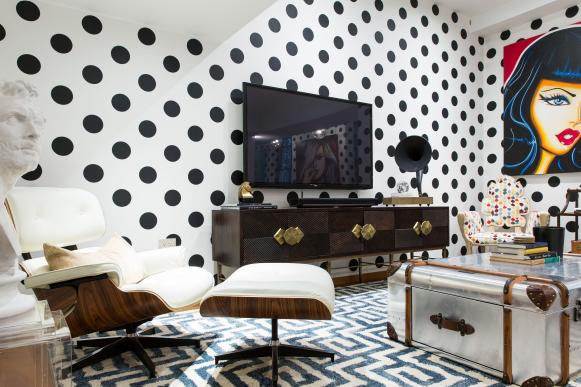 An eclectic black and white living room