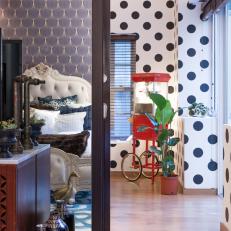 Eclectic Master Bedroom Pairs Indigo, Polka Dot Wallpaper