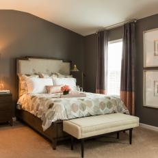 Gray Transitional Master Bedroom With Purple Curtains