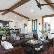 Open Concept Living Space With Exposed Beam Vaulted Ceilings 