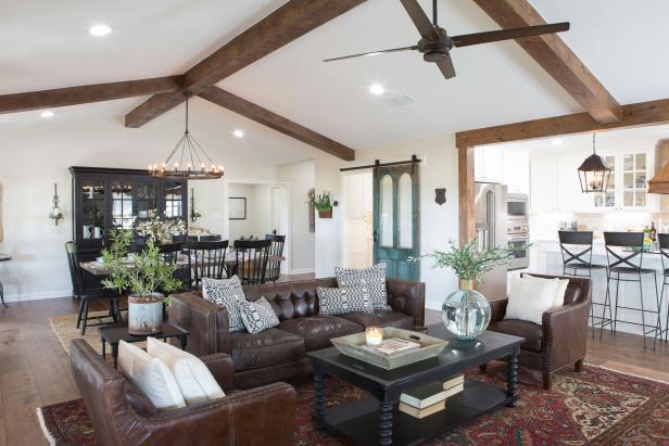 Open Concept Living Space With Exposed Beam Vaulted Ceilings