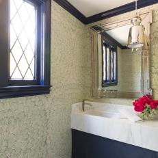Transitional Bathroom With Abstract Wallpaper