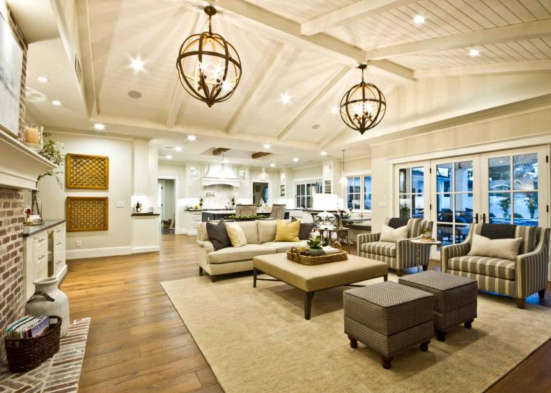 Neutral Transitional Living Room With Globe Light Fixtures