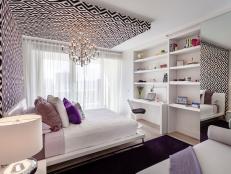 White Contemporary Bedroom With Black and Purple Accents