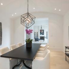 White Modern Dining Room With Boxy Chandelier