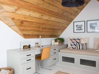 Attic Nook with Gray Built-In Bench and Neutral Shiplap Walls 
