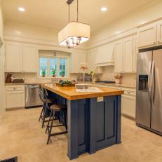 Contemporary Neutral Kitchen with Blue Island 