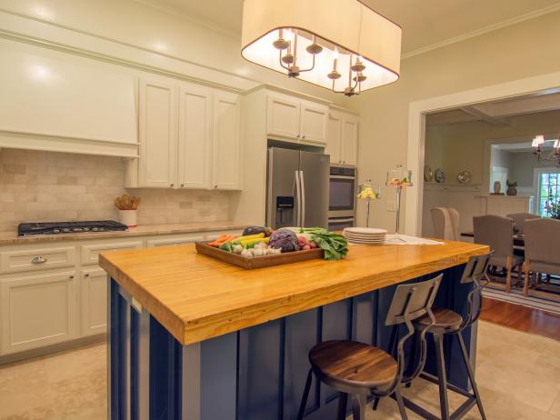 Blue Kitchen Island with Salvaged Wood Countertop | HGTV