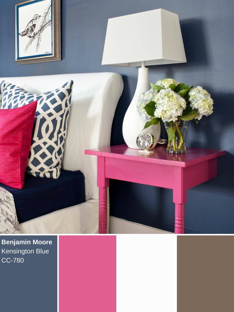 This navy blue alternative is absolutely stunning whether applied in small doses or throughout an entire room. In this bedroom, a pink side table adds the perfect pop of color against the slate blue-colored walls and white and brown accents help to anchor the space.