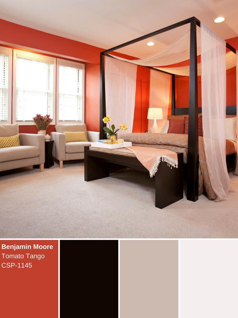 Make a statement in your home with this vibrant red that features a subtle hint of orange. Use it in the bedroom with neutral colors and a dark bed frame to anchor the space.