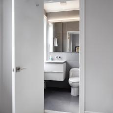 Gray Master Bathroom With Floating Vanity