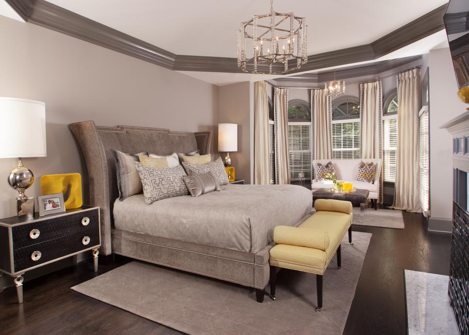 Neutral Transitional Master Bedroom With Yellow Bench | HGTV