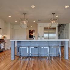 White and Gray Transitional Kitchen With Wood Floor