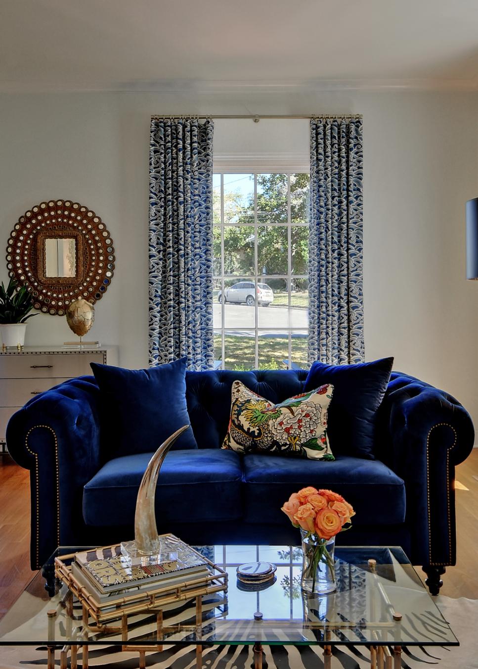 Blue and White Transitional Living Room With Blue Sofa | HGTV