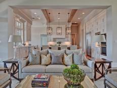 Neutral Transitional Living Room With Patterned Pillows