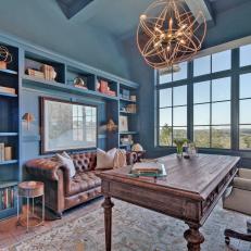 Blue Transitional Home Office With Wood Desk
