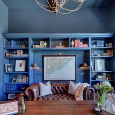 Blue Transitional Home Office With Leather Sofa