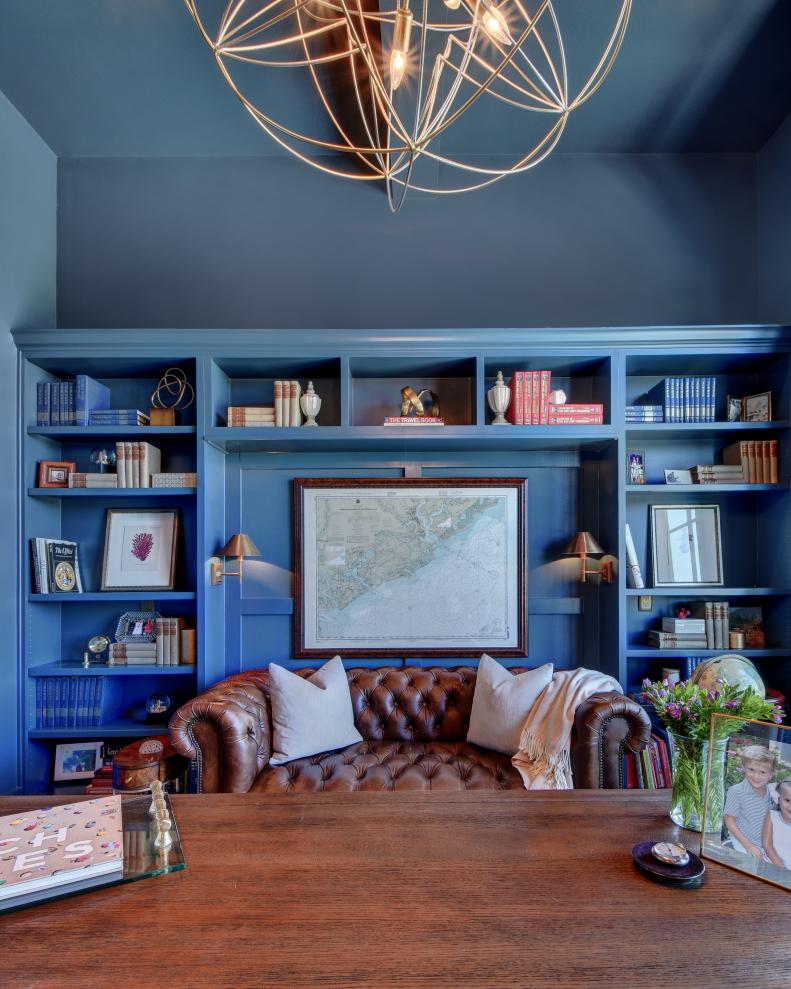 Blue Home Office With Leather Sofa