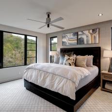 Gray Contemporary Bedroom With Black Bed